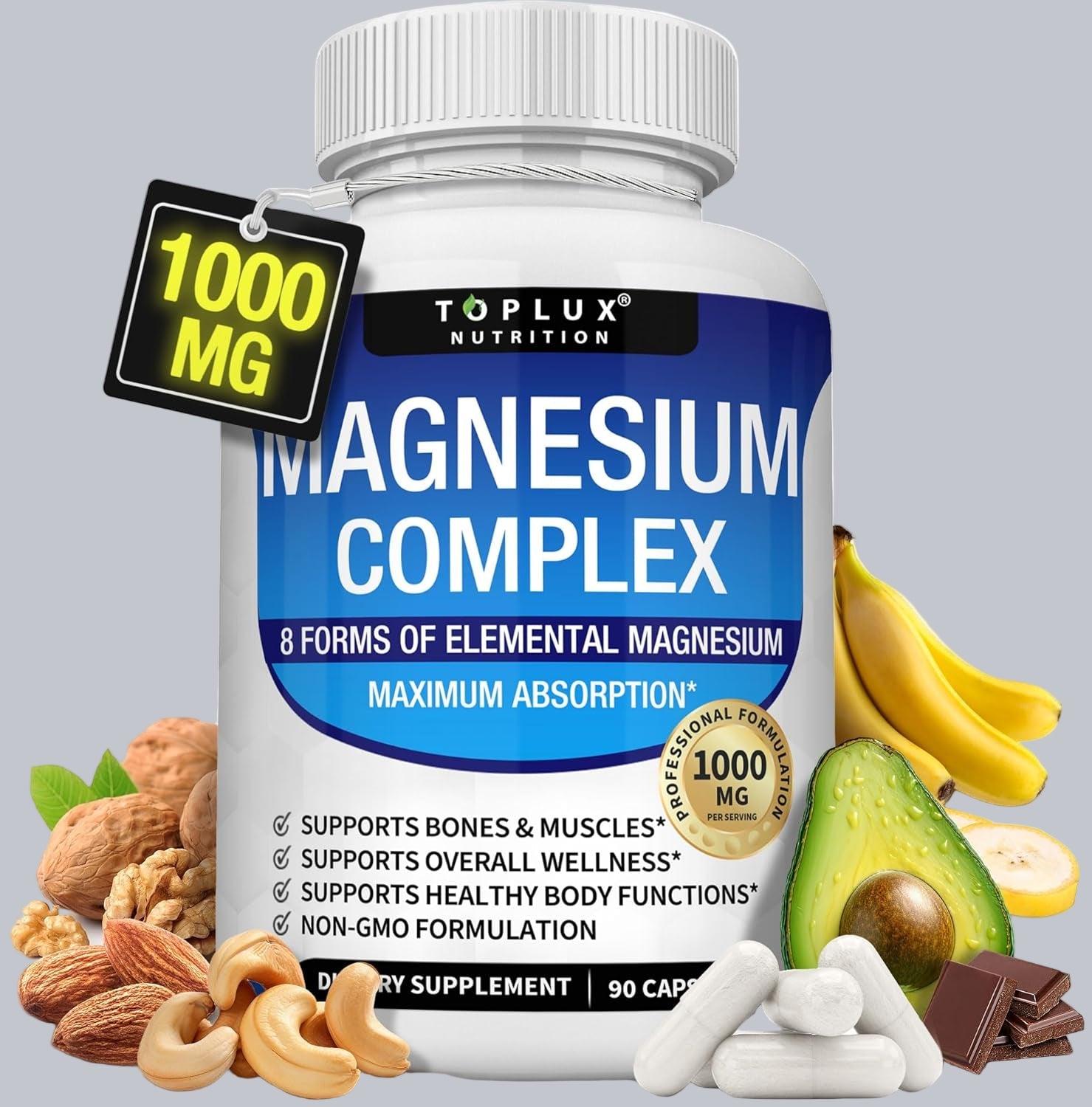 Magnesium Complex Supplement 8 Elemental 1000Mg - Magnesium Glycinate, Citrate, Malate, Taurate, Chelated for Easy Absorption for Bones, Muscle, Recovery, Energy, Vegan Non-Gmo 90 Capsules